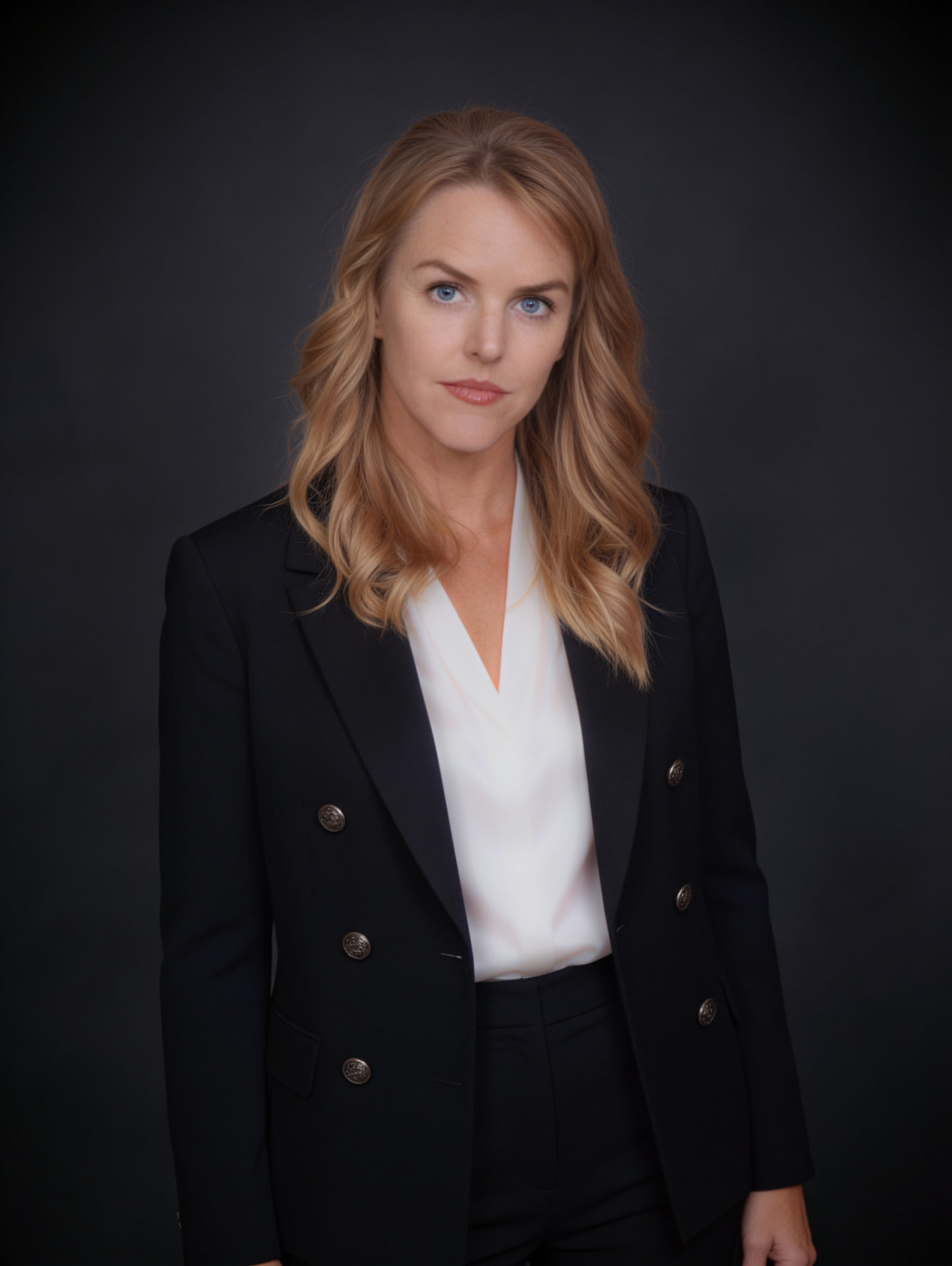 Alexandra P. Grayner, smiling, arms folded, in a black suit against a charcoal background.
